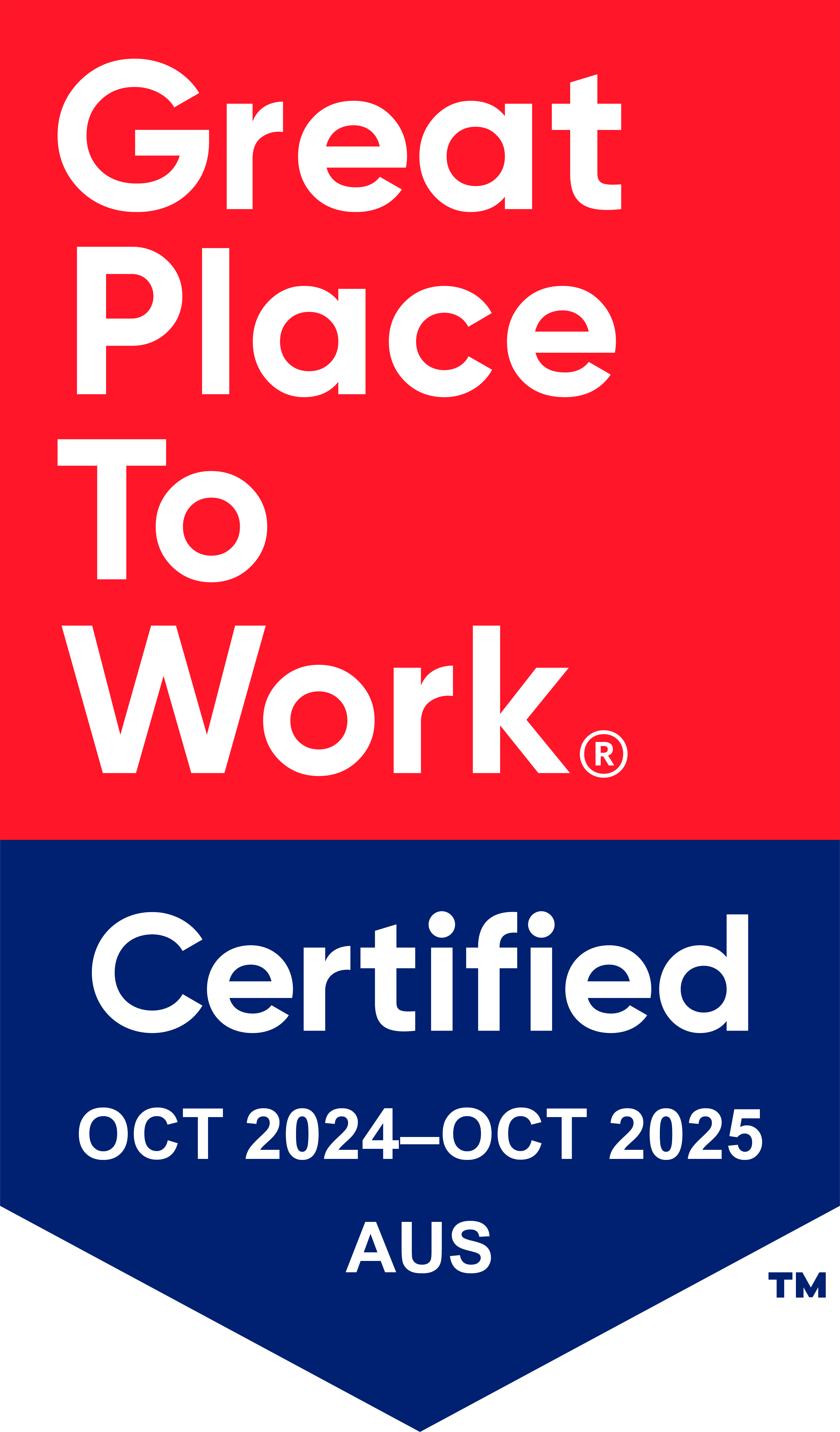 Great Place to Work badge in Red and blue for the dates October 2024 to October 2025